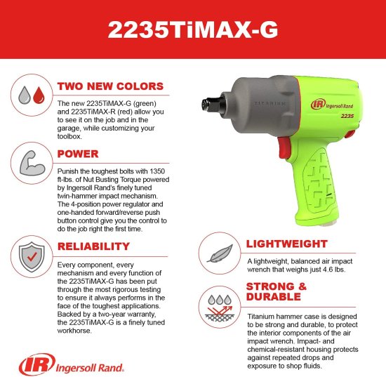 Ingersoll Rand 2235TiMAX-G 1/2” Drive Air Impact Wrench, Lightweight 4.6 lb Design, Powerful Torque Output Up to 1,350 ft/lbs, Titanium Hammer その他花・ガーデン・エクステリア・DIY工具