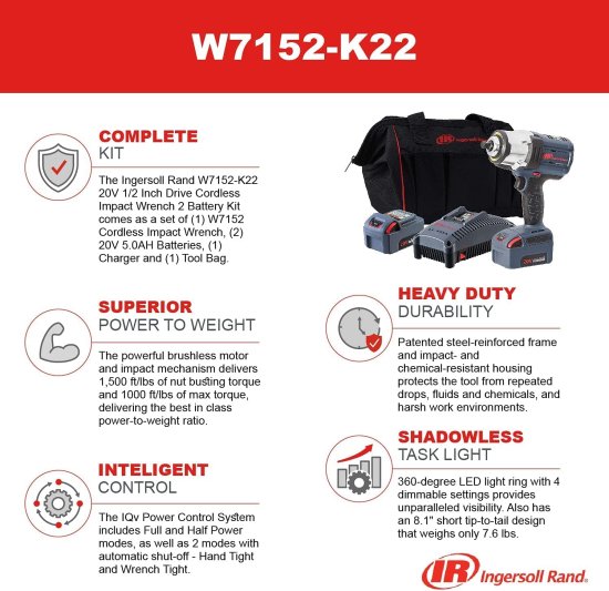 Ingersoll Rand W7152-K22 20V 1/2" Drive Cordless Impact Wrench 2 Battery Kit - High Torque, IQv Power Control w/4 Modes, Brushless Motor, LED Li_4