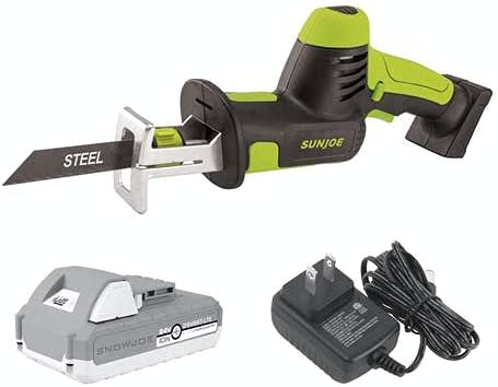 Sun Joe 24V-MPSWVG-LTE-SJG 24-Volt iON+ Cordless All-Purpose Reciprocating Saw Kit | w/ 2.0-Ah Battery and Charger | 4-Cutting Blades | For Wood