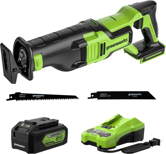 Greenworks 24V Brushless Reciprocating Saw Kit, 4Ah USB (Power Bank) Battery and Charger