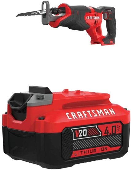 CRAFTSMAN V20 Reciprocating Saw with Lithium Ion Battery, 4.0-Amp Hour, Charger Sold Separately (CMCS300B &amp; CMCB204)