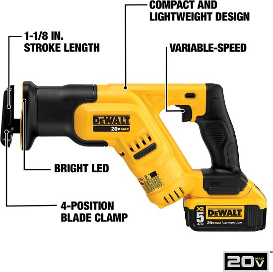 Dewalt デウォルト 20V MAX* Cordless Reciprocating Saw Kit, 5 Amp-Hour Battery (DCS387P1)_3