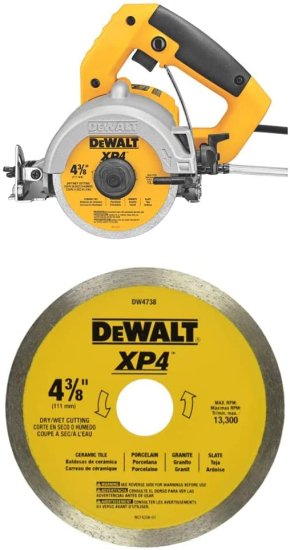 Dewalt デウォルト DWC860W 4-3/8-Inch Wet/Dry Masonry Saw with Dewalt デウォルト DW4738 4 3/8-Inch by .060-Inch Wet/Dry XP4 Porclean and Tile Bla