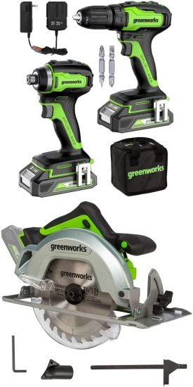 Greenworks 24V Cordless Brushless Drill + Brushless Impact Driver + Brushless 7-1/4-inch Circular Saw Combo Kit with 2×2Ah Batteries with 2A Ch
