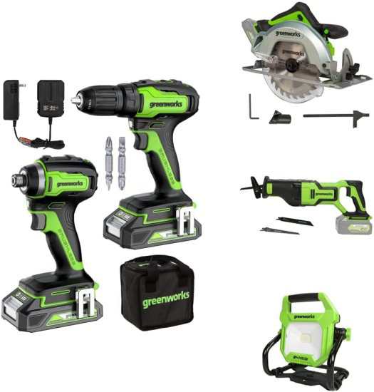 Greenworks 24V Brushless Power Tools Combo Kit (5-Tool: Drill Impact Driver Circular Saw Reciprocating Saw Work Light 2×