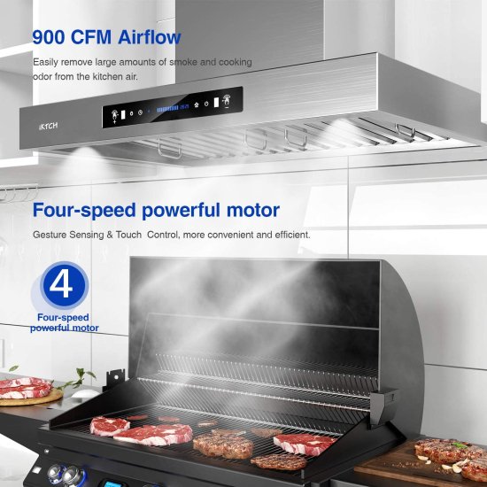 IKTCH 30 inches Wall Mount Range Hood, 900 CFM Stainless Steel Kitchen Chimney Vent with Gesture Sensing & Touch Control Switch Panel, 2 Pcs Adj_1