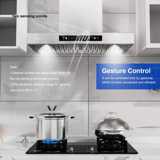 IKTCH 30 inches Wall Mount Range Hood, 900 CFM Stainless Steel Kitchen Chimney Vent with Gesture Sensing & Touch Control Switch Panel, 2 Pcs Adj_2