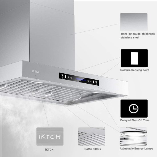 IKTCH 30 inches Wall Mount Range Hood, 900 CFM Stainless Steel Kitchen Chimney Vent with Gesture Sensing & Touch Control Switch Panel, 2 Pcs Adj_5