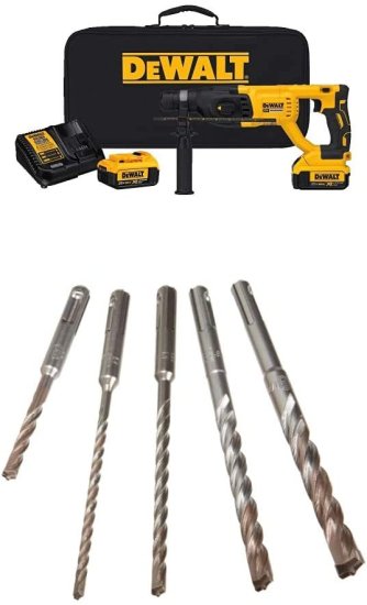 Dewalt デウォルト DCH133M2 20V Max XR Brushless 1" D-Handle Rotary Hammer Kit with Dewalt デウォルト DW5470 5-Piece Rock Carbide SDS Plus Hammer