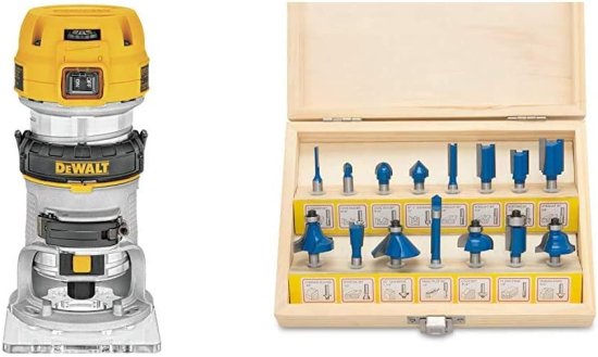 Dewalt デウォルト Router, Fixed Base, Variable Speed, 1-1/4-HP Max Torque (DWP611) &amp; Hiltex 10100 Tungsten Carbide Router Bits | 15-Piece Set