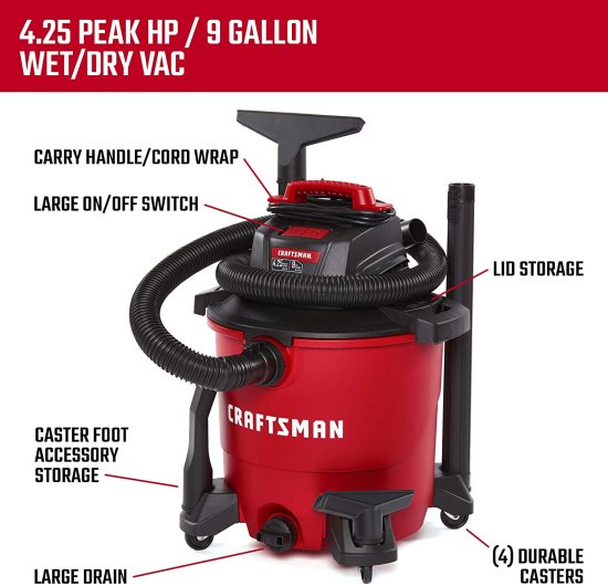CRAFTSMAN CMXEVBE17590 9 Gallon 4.25 Peak HP Wet/Dry Vac, Portable Shop Vacuum with Attachments &amp; CMXZVBE38673 3Piece Wet/Dry Vacuum Adapter Con_3