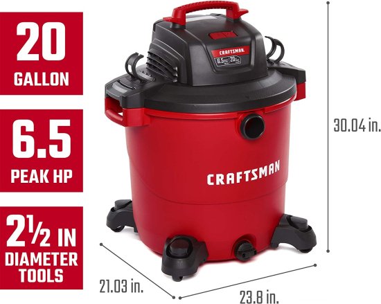 CRAFTSMAN CMXEVBE17596 20 Gallon 6.5 Peak HP Wet/Dry Vac, Heavy-Duty Shop Vacuum with Attachments , Red_1