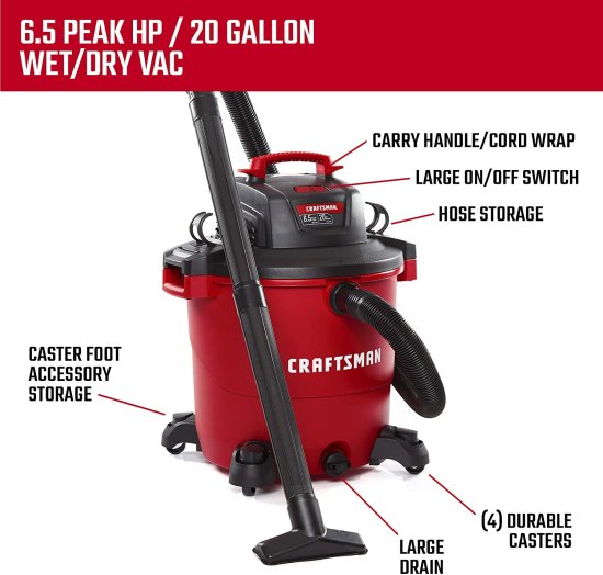 CRAFTSMAN CMXEVBE17596 20 Gallon 6.5 Peak HP Wet/Dry Vac, Heavy-Duty Shop Vacuum with Attachments , Red_2