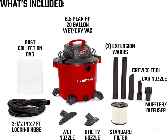 CRAFTSMAN CMXEVBE17596 20 Gallon 6.5 Peak HP Wet/Dry Vac, Heavy-Duty Shop Vacuum with Attachments , Red_3
