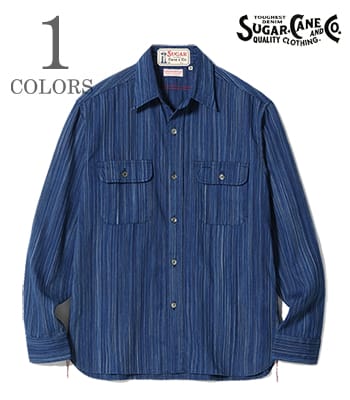 SUGAR CANE FICTION ROMANCE シュガーケーン カセ染め|インディゴストライプ|ワークシャツ『5.5oz. INDIGO STRIPE WORK SHIRT』【アメカジ・ワーク】SC29396