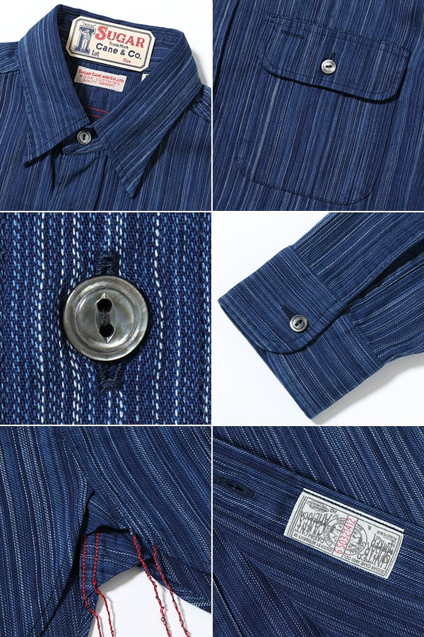 SUGAR CANE FICTION ROMANCE シュガーケーン カセ染め|インディゴストライプ|ワークシャツ『5.5oz. INDIGO STRIPE WORK SHIRT』【アメカジ・ワーク】SC29396
