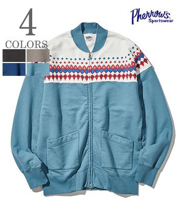 PHERROWS フェローズ 長袖|裏毛|雪柄|フルジップスウェット『SNOW PATTERN ZIP SWEAT』【アメカジ・カレッジ】23W-PSF1