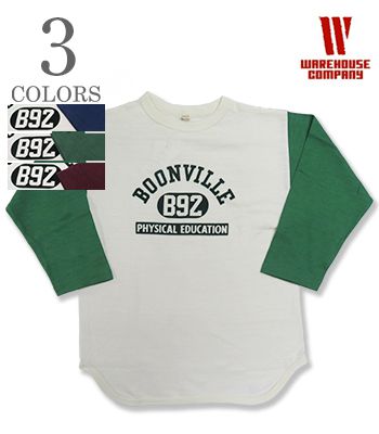 WAREHOUSE ウエアハウス 七分袖|粗挽きスラブ糸シャドーボーダー|ベースボールTEE『BASEBALL TEE BOONVILLE』【アメカジ・カレッジ】4800-BOONVILLE