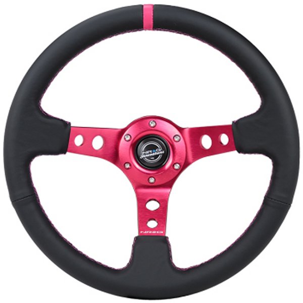 NRG Reinforced ステアリングホイール (350mm/3in. Deep) ブラック Leather/ Fushia Center Mark/ Fushia Stitching NRGRST-006FH WO店 26,138円