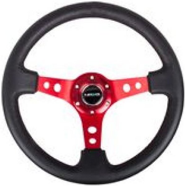 NRG Reinforced ステアリングホイール (350mm / 3in. Deep) Blk Leather w/Red Circle Cutout Spokes NRGRST-006RD WO店