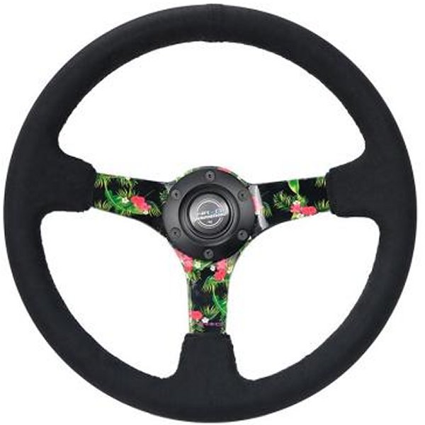 NRG Reinforced ステアリングホイール (350mm / 3in. Deep) ブラックスウェード w/ 5mm Floral 3-Spoke Center NRGRST-036TROP-S WO店