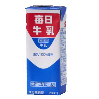 毎日牛乳(常温保存可能品)　200ml× 24本入/4ケース　紙パック〔牛乳 生乳100％ ミルク milk みるく 毎日牛乳〕送料無料
