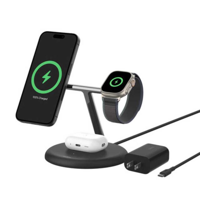 BELKIN　BoostCharge Pro Qi2 3-in-1 ワイヤレス充電スタンド ［USB Power Delivery対応 /3ポート］ ブラック　WIZ023dqBK