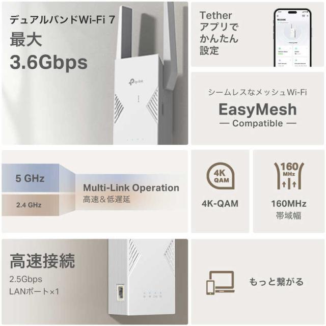TPLINK Wi-Fi 7 無線LAN中継器 2882＋688Mbps BE3600 メッシュWiFi