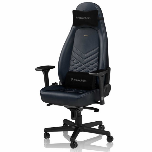 NOBLECHAIRS　ゲーミング チェア ICON Real Leather 本革 ネックピロー ランバーサポート付 ミッドナイトブルー　NBL-ICN-RL-MBG-SGL