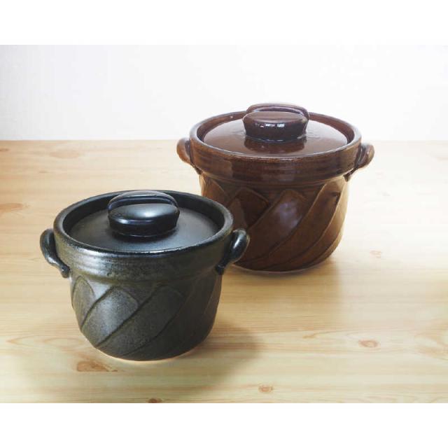 マルヨシ陶器　炊飯土鍋 2合炊 直火専用 ねじりごはん鍋 萬古焼 飴釉　M7913_1