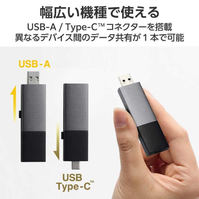 エレコム　ELECOM　SSD 外付け 250GB USB3.2Gen2 読込最大1000MB/秒 USBメモリ型 ポータブルSSD スライド式 高速 耐衝撃 USB Type-C/ USB-A 両対応 ブラック　ESD-EWC0250GBK_2