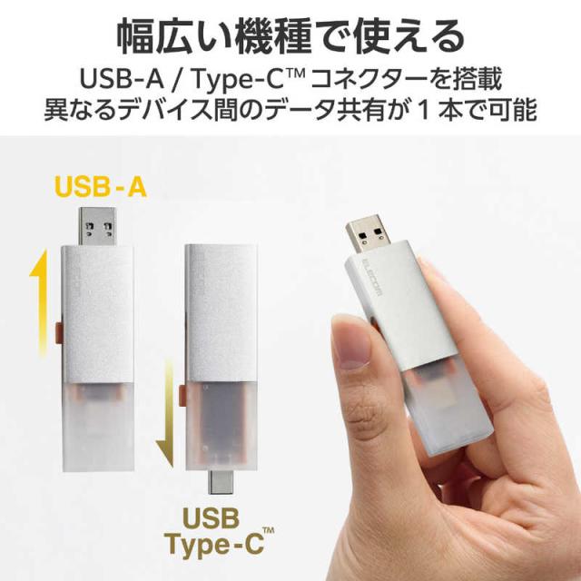 エレコム　ELECOM　SSD 外付け 1TB USB3.2Gen2 読込最大1000MB/秒 USBメモリ型 ポータブルSSD スライド式 高速 耐衝撃 USB Type-C/ USB-A 両対応 シルバー　ESD-EWC1000GSV_2