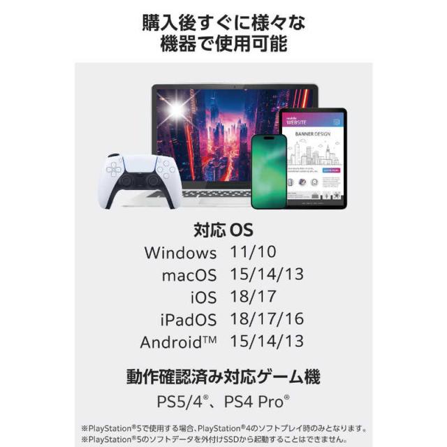 エレコム　ELECOM　外付けSSD 250GB USB3.2 Gen2 読込最大1000MB/秒 ポータブルSSD ( PS5 PS4 mac Windows iPad iPhone Android 等対応 ) ホワイト　ESD-ESK0250GWH_4