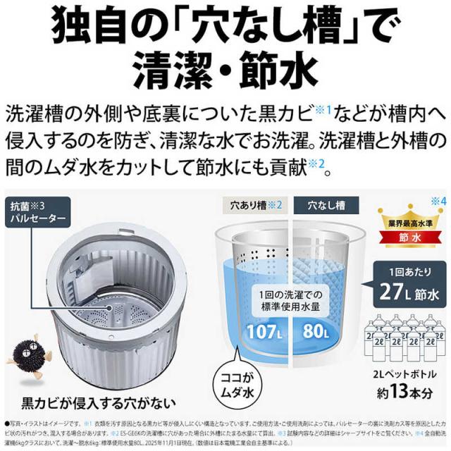 シャープ　SHARP　全自動洗濯機 洗濯6.0kg 穴なし槽 ホワイト　ES-GE6K-W（標準設置無料）_5