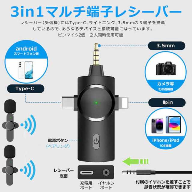 ROYALMONSTER RM スマートフォン用ワイヤレスマイク(3in1)ピンマイク2 ...