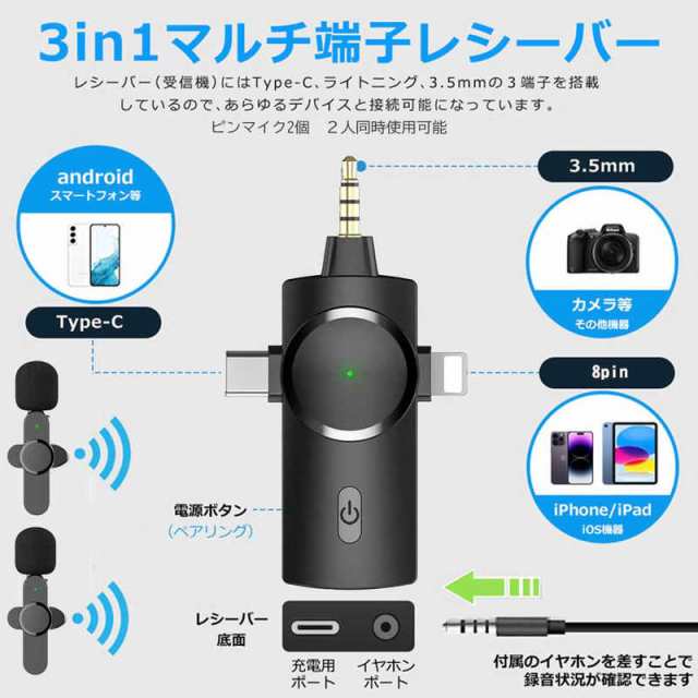 ROYALMONSTER RM スマートフォン用ワイヤレスマイク(3in1)ピンマイク2