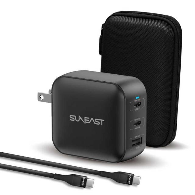 SUNEAST　USB急速充電器 100w シリコンケーブルPD対応100W(2m付) 収納ポーチ付 ブラック　SE-AC100DC001BKF