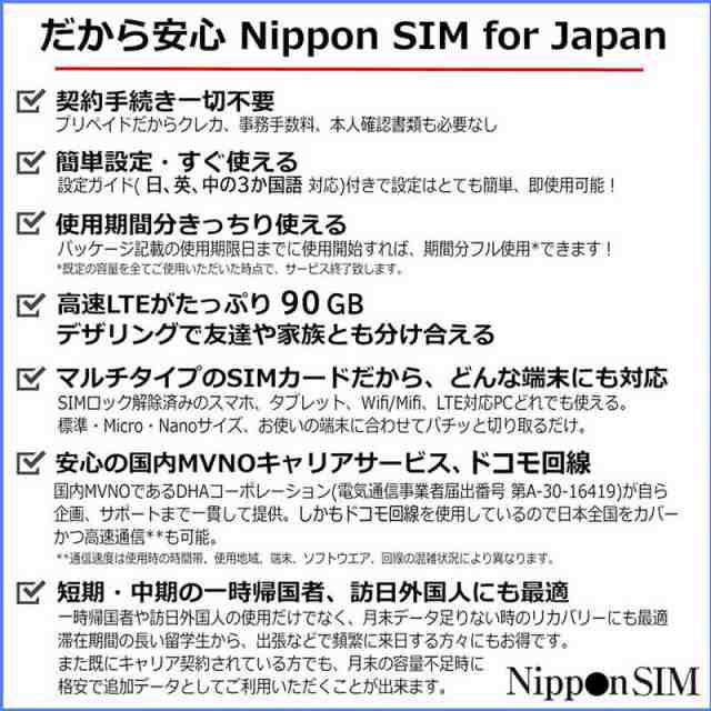 DHA Nippon SIM for Japan 日本国内用プリペイドデータSIM 標準版 60日間90GB ［