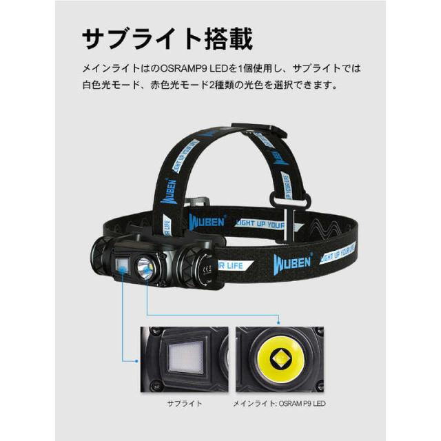 WUBEN　高輝度ヘッドライト 1200lm ブラック ［LED /充電式 /防水対応］　FU8-WU_5