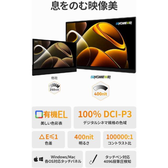 EHOMEWEI　USB-C接続 PCモニター モバイルモニター Lシリーズ(タッチパネル) ［13.3型 /有機EL フルHD(1920×1080) /ワイド］　LO-133PFの通販は