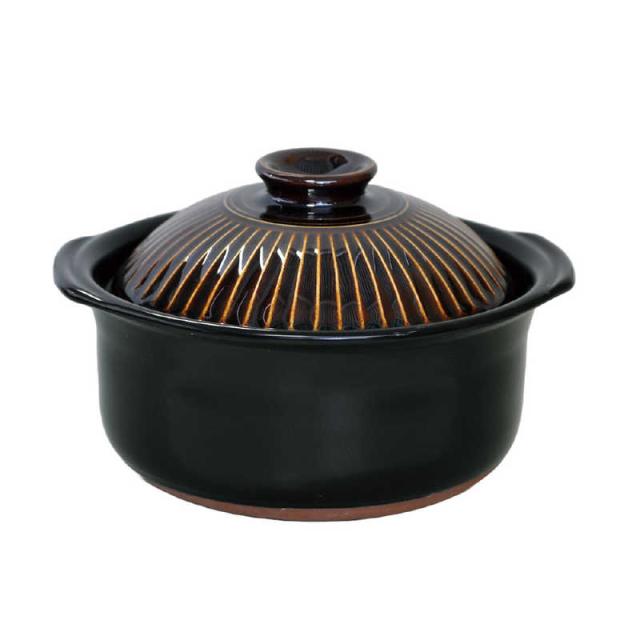 マルヨシ陶器　炊飯土鍋 3合炊 直火専用 菊花 ごはん鍋 二重蓋 萬古焼 飴釉　M1102