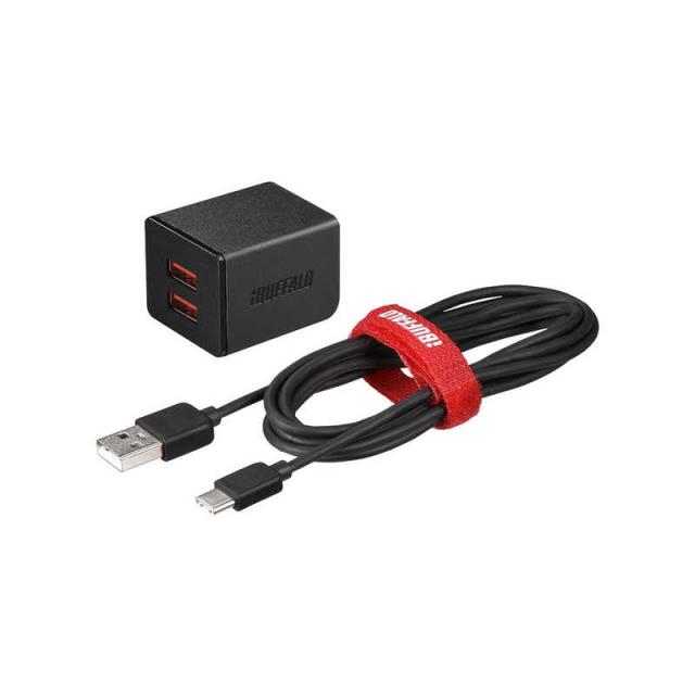 BUFFALO　2.4A USB急速充電器 AUTO POWER SELECT機能搭載 2ポートタイプ Type-Cケーブル付 ブラック　BSMPA2402P2CBK