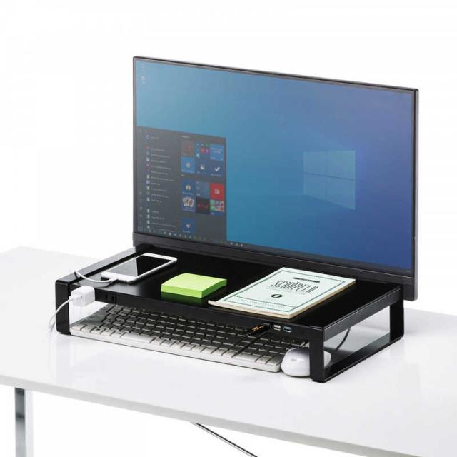 サンワサプライ　電源タップ＋USBハブ付き机上ラック（W500）　MRLC204BKN