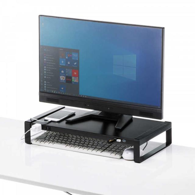 サンワサプライ　電源タップ＋USBハブ付き机上ラック（W500）　MRLC204BKN