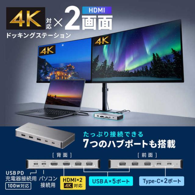 サンワサプライ USB Type-C縛ステイション(HDMI×2画面・USBこしき×7界面) USB-CVDK21