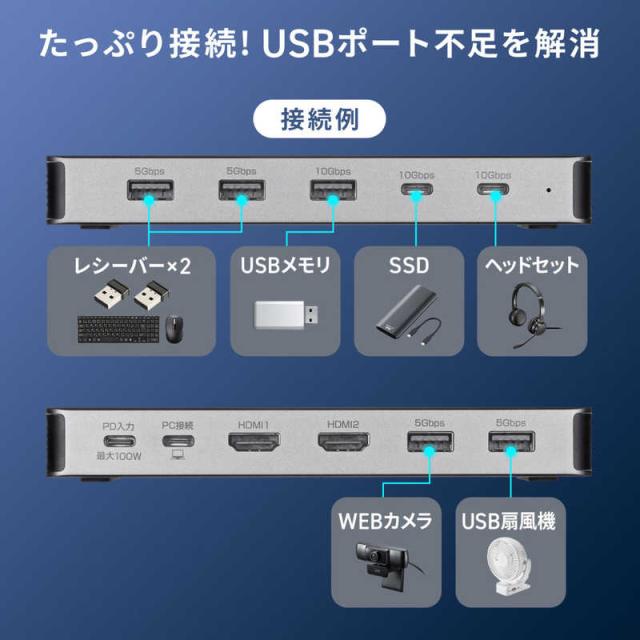 サンワサプライ USB Type-C縛ステイション(HDMI×2画面・USBこしき×7界面) USB-CVDK21