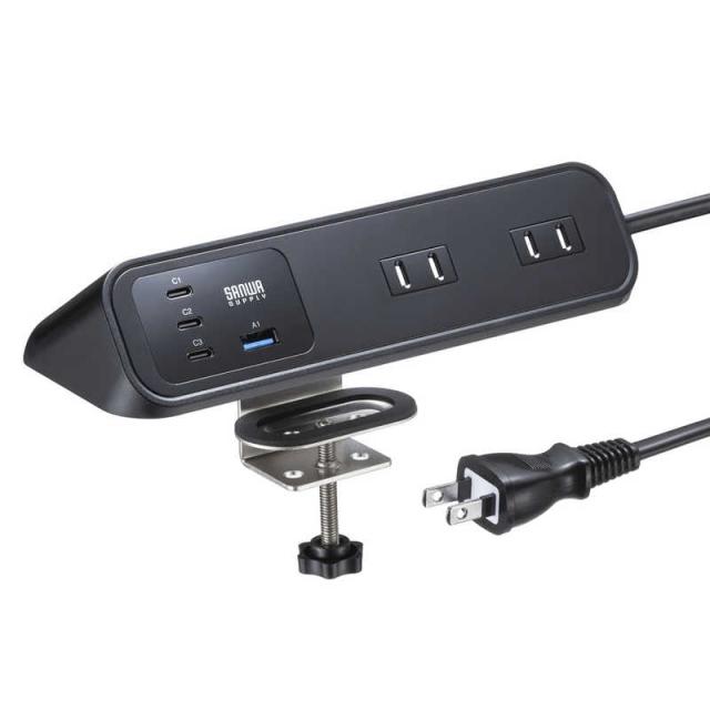 サンワサプライ　クランプ固定式タップ(AC4個口＋USB-C×3＋USB-A×1・PD65W・ブラック)　TAP-B114UC-2BK