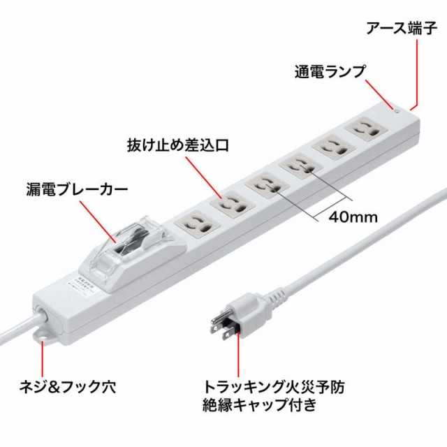 送料無料 サンワサプライ 電源タップ 2P・6個口 5m 火災予防安全