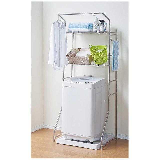 パール金属　タオル掛付ステンレス洗濯機ラック2段　
