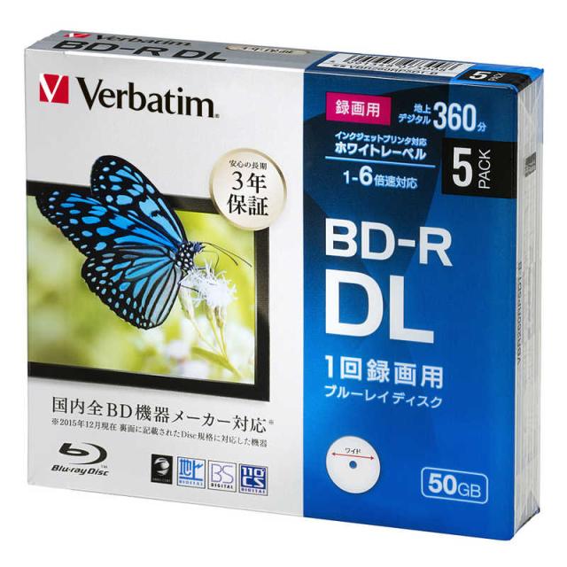 VERBATIMJAPAN　録画用 BD-R DL 1-6倍速 50GB 5枚 5mmスリムケース　VBR260RP5D1-B